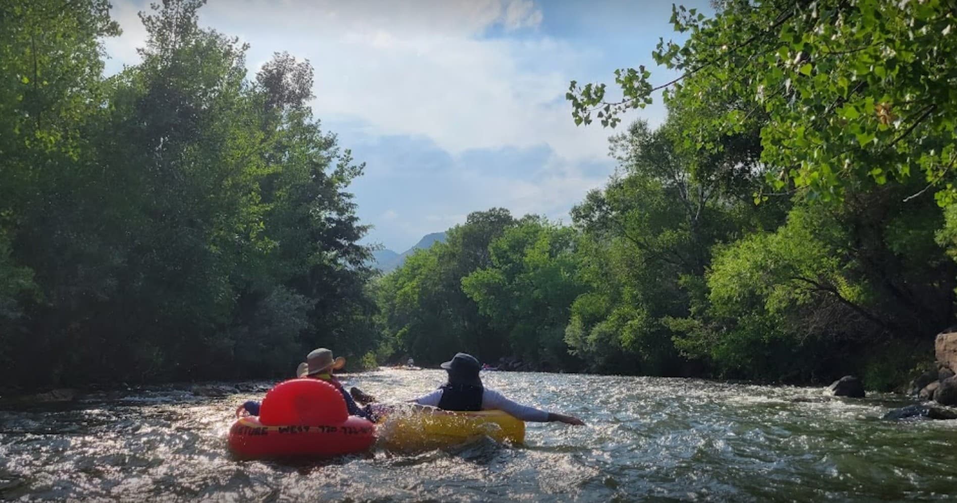 River tubers floating down a sunlit forest river, scenic rapids