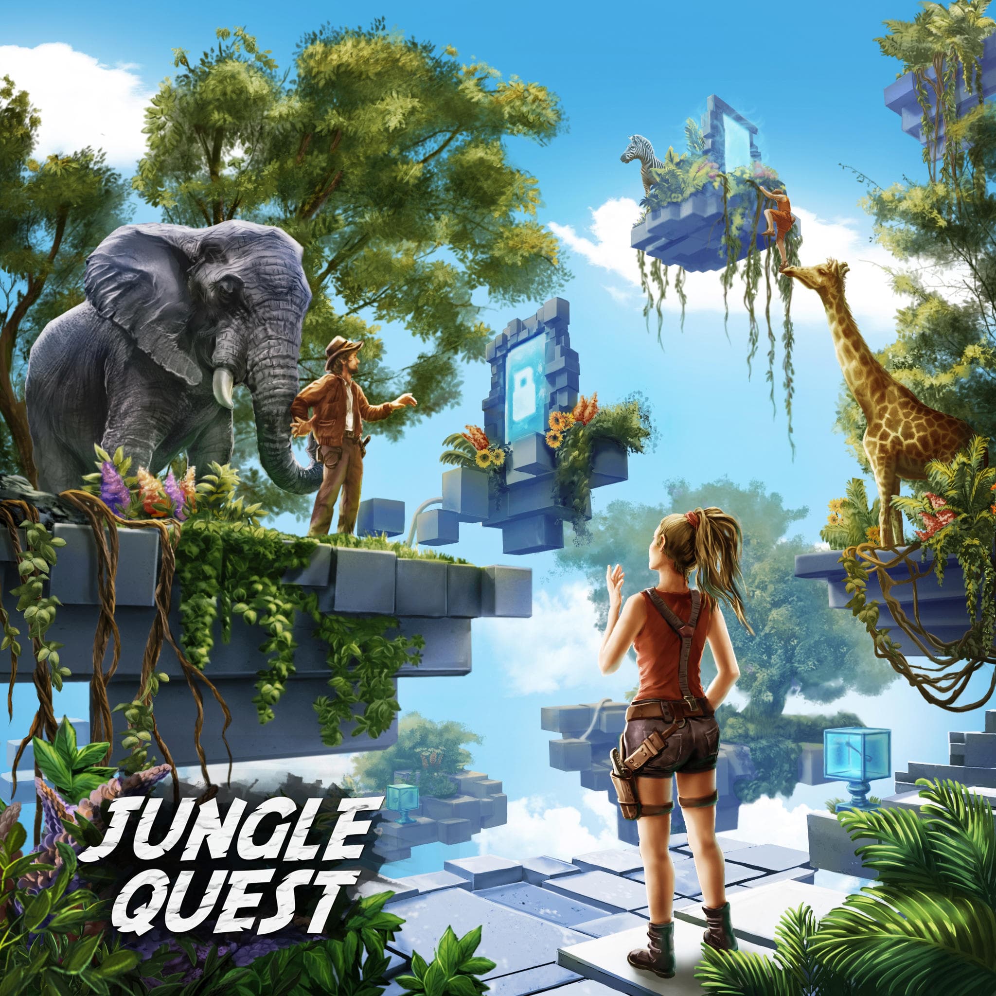 Explorer trekking through lush jungle ruins with elephant vistas