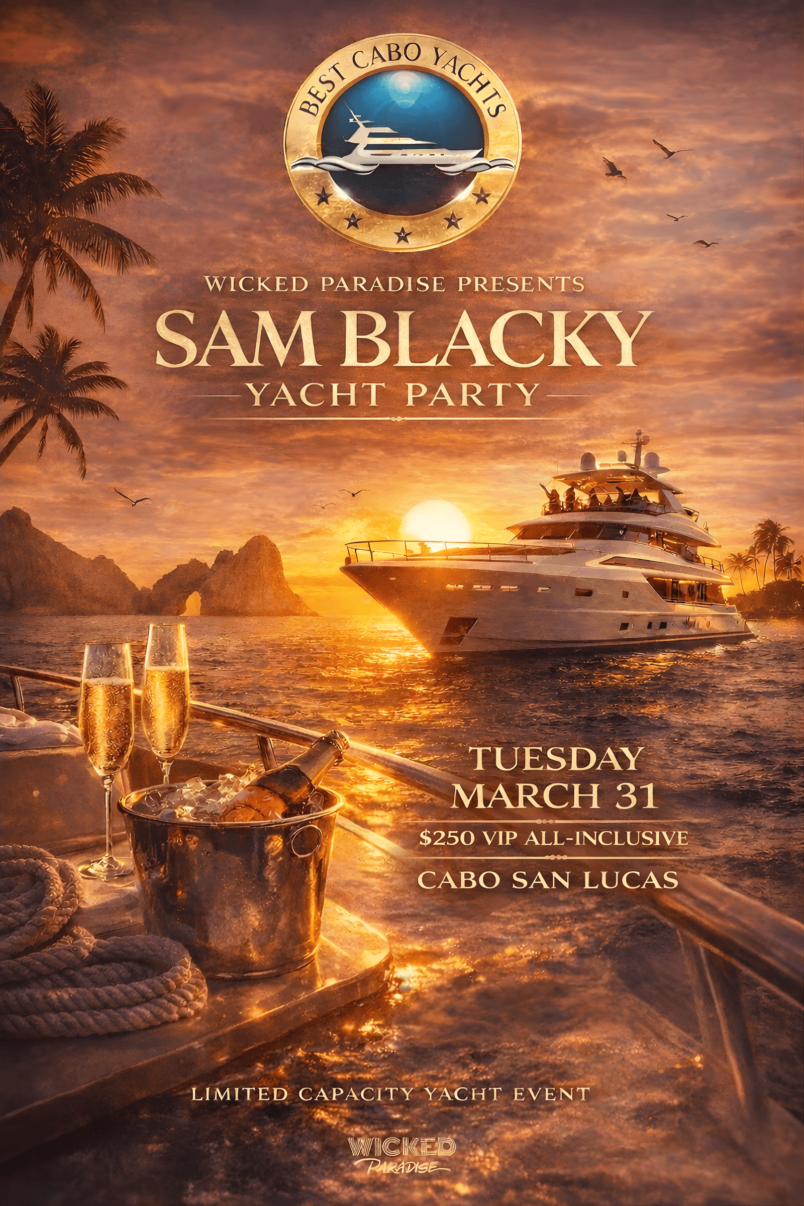Sam Blacky Yacht Party Cabo San Lucas: DJs, Open Bar & Gourmet Bites