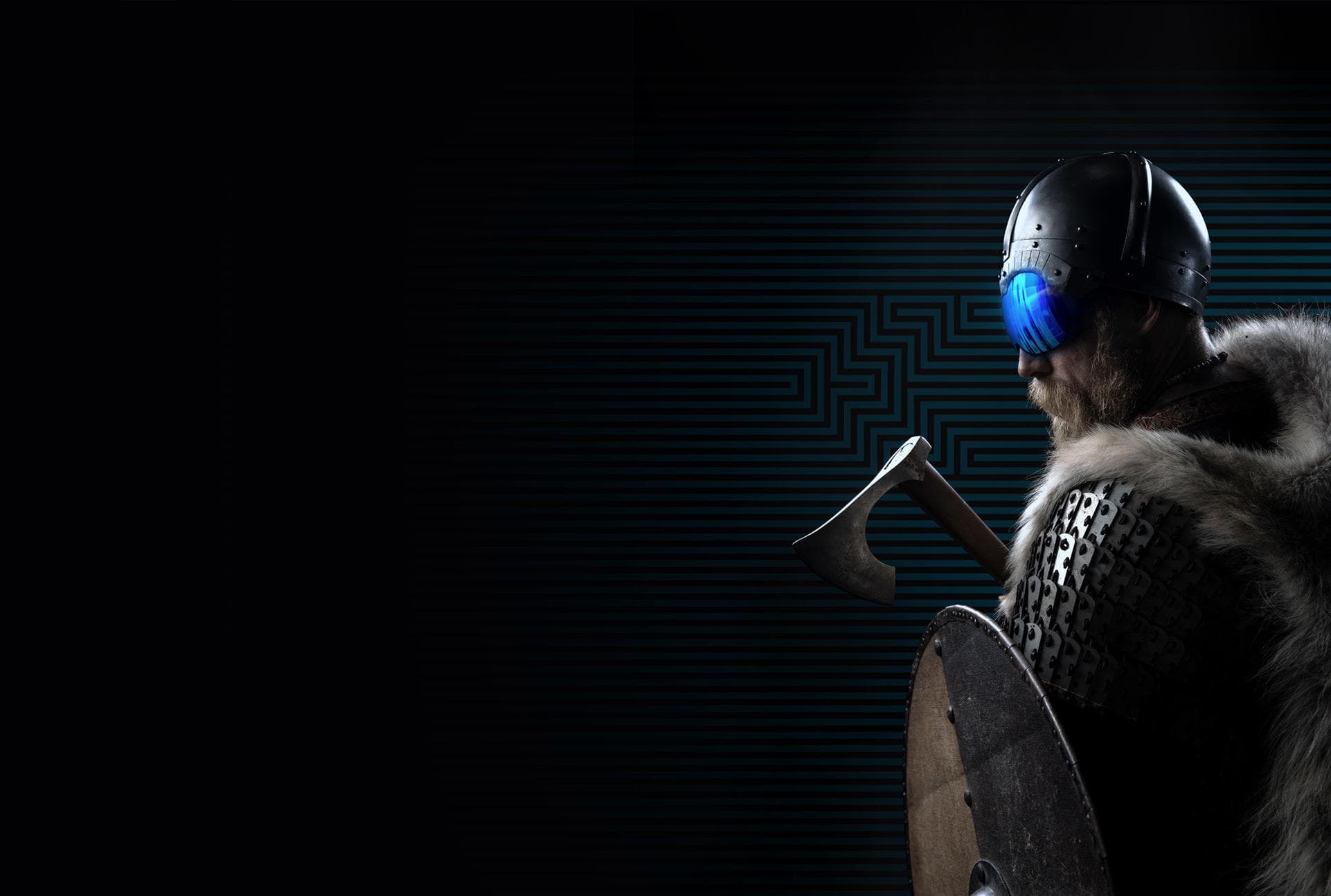 Armored Viking with shield and axe portrait with dramatic lighting