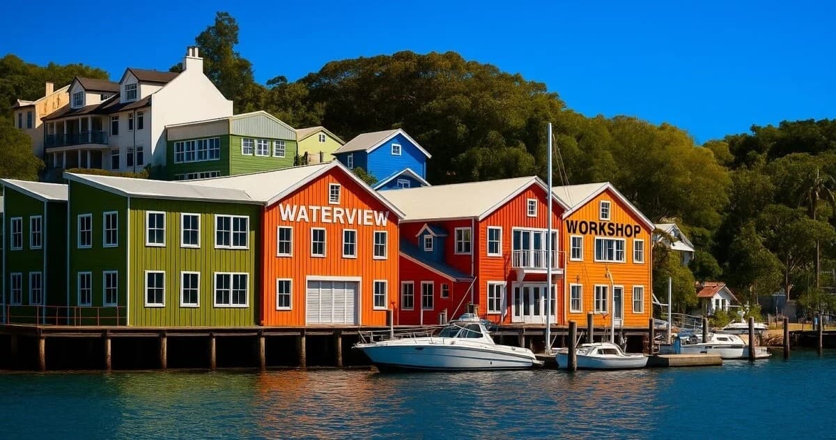 Colorful waterfront buildings and boats at scenic harbor