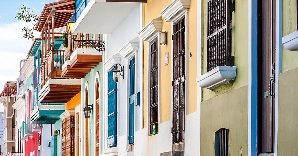Colorful colonial street facades in historic waterfront neighborhood