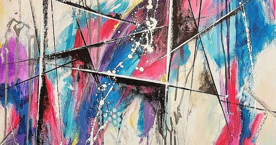 Colorful abstract mixed-media artwork with dynamic lines