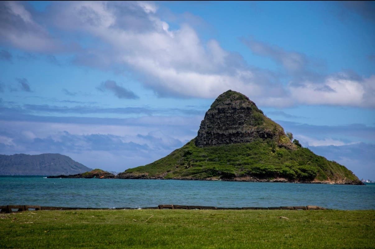 Mokoliʻi (Chinaman's Hat) offshore islet with calm blue ocean