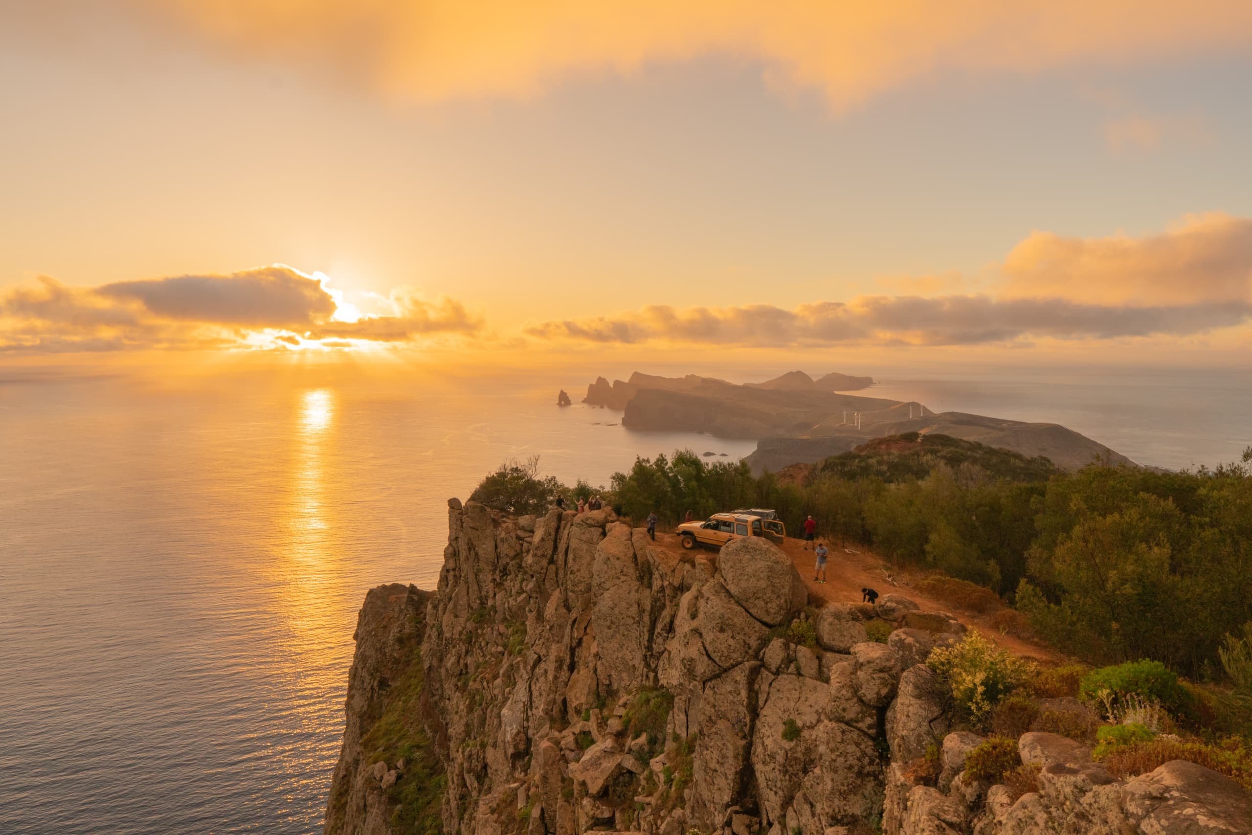 Sunset coastal cliff panorama in Madeira for scenic hiking