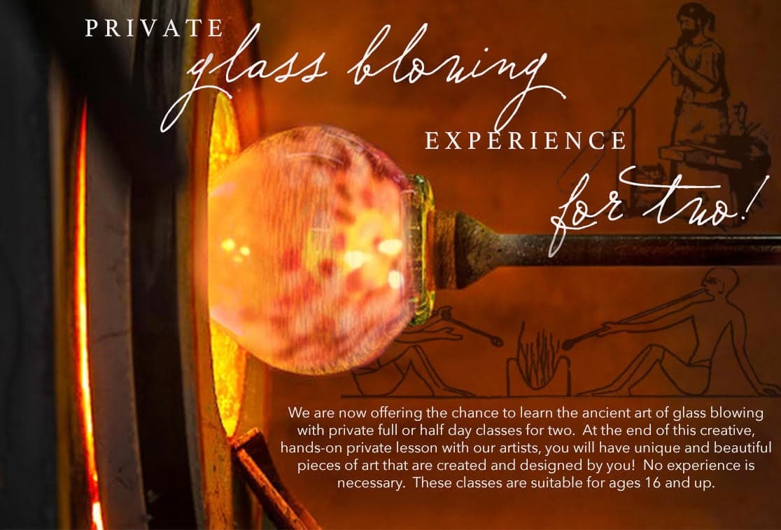 Molten glass globe being shaped during Bath glassblowing workshop