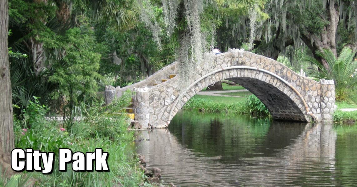 City Park stone bridge framed by Spanish moss, tranquil park scene