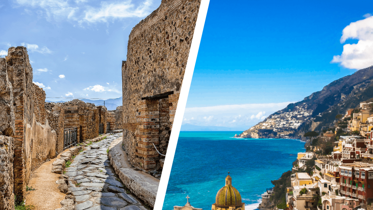Coastal ruins and Amalfi cliffs with clear Mediterranean sea