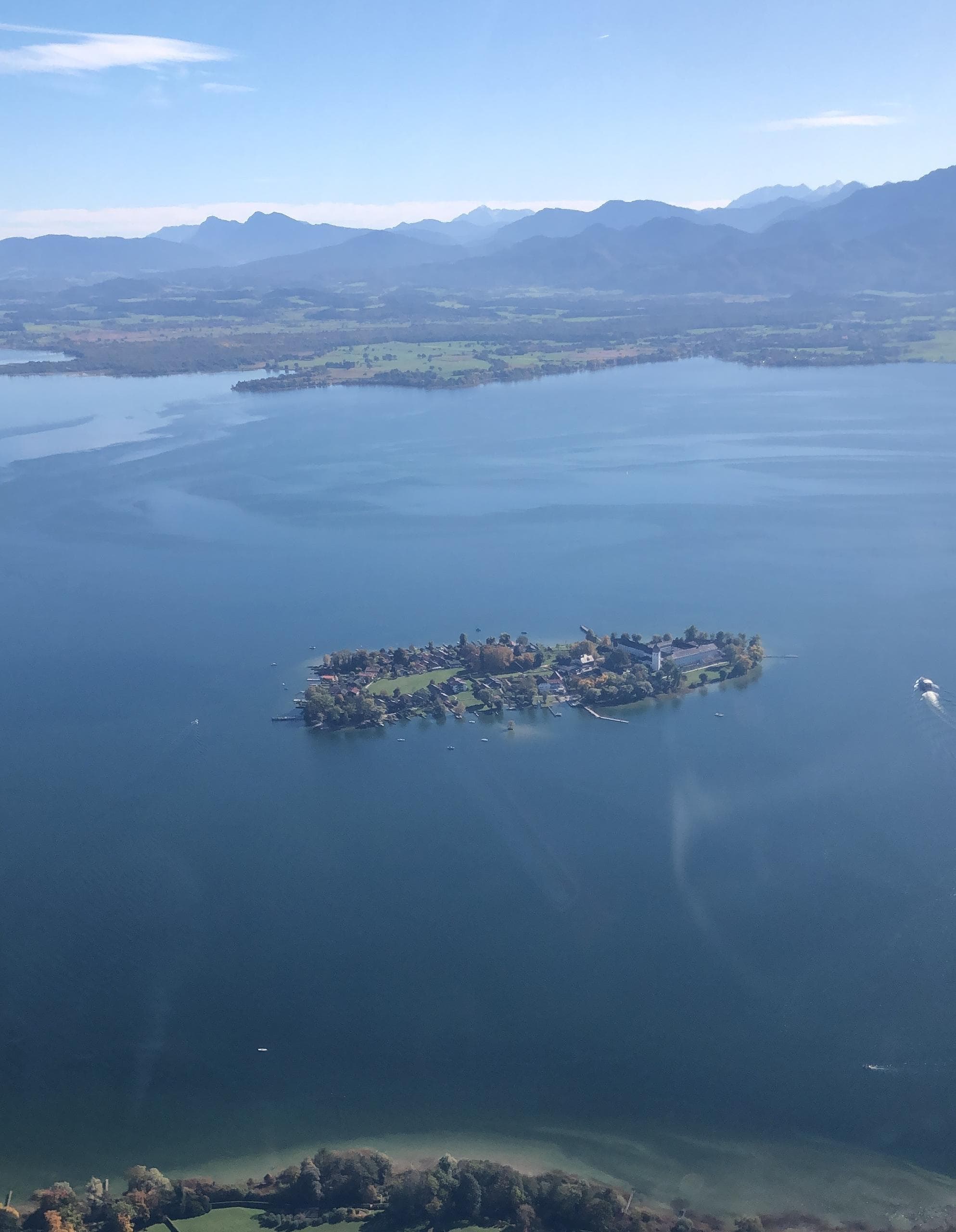 Aerial view of island in Bavarian lake from scenic flight