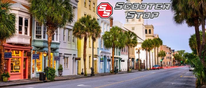 Palm-lined historic street with Scooter Stop rental storefront