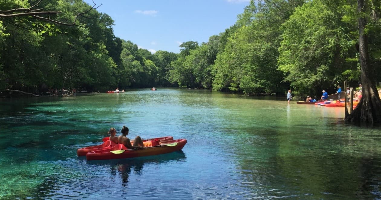 Couple kayaking on clear blue spring river through shaded forest