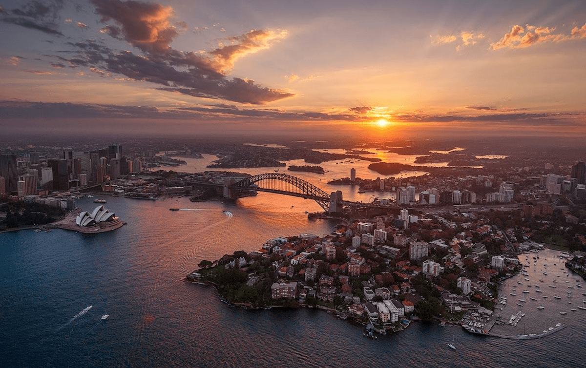 Helicopter aerial sunset over Sydney Harbour and Opera House