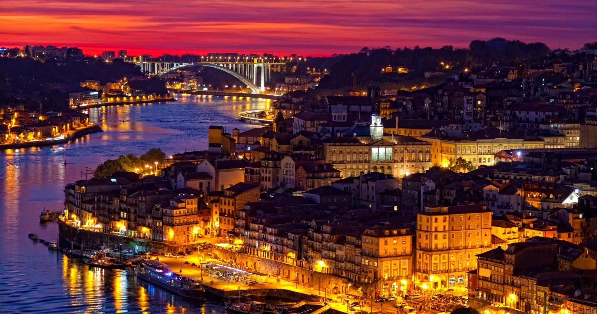 Porto riverside cityscape at dusk with lit bridges over Douro