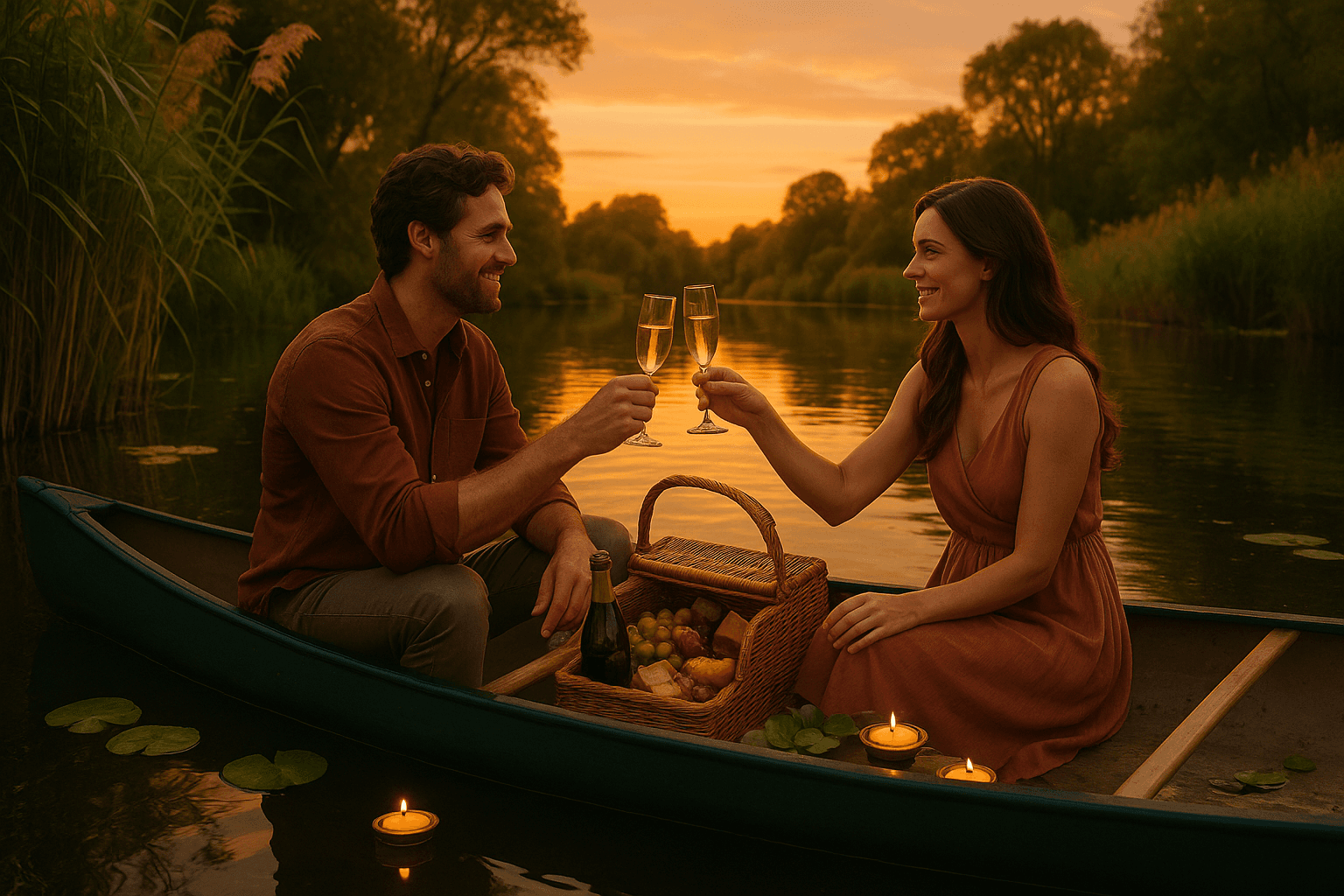 Couple enjoying a romantic canoe picnic at sunset on river