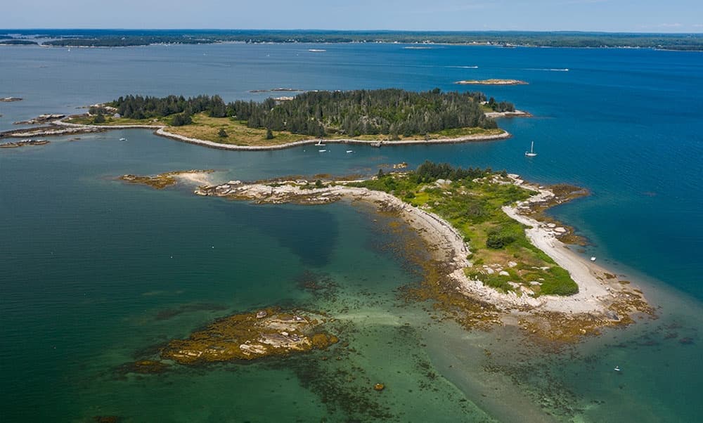 Aerial view of rocky Maine islands and coastal waters