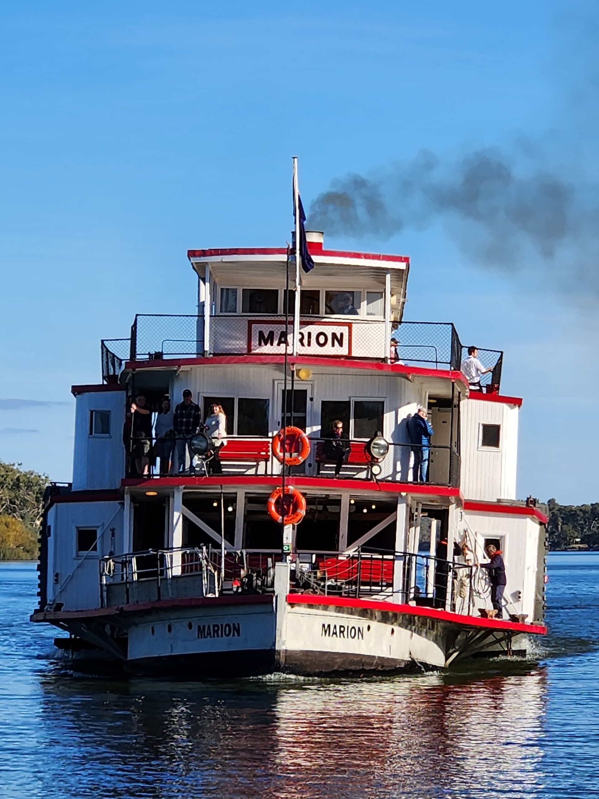 Paddle steamer Marion head-on cruising river with passengers