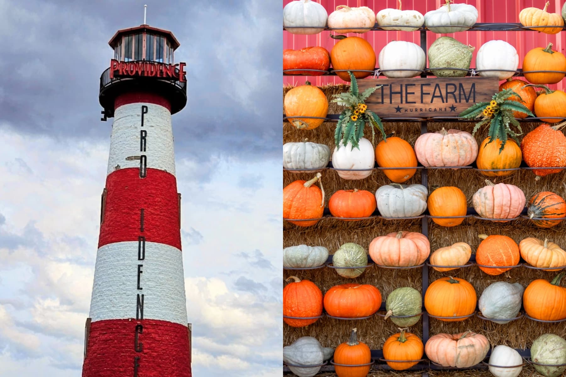 Lighthouse with colorful pumpkin display at farm, autumn event scene