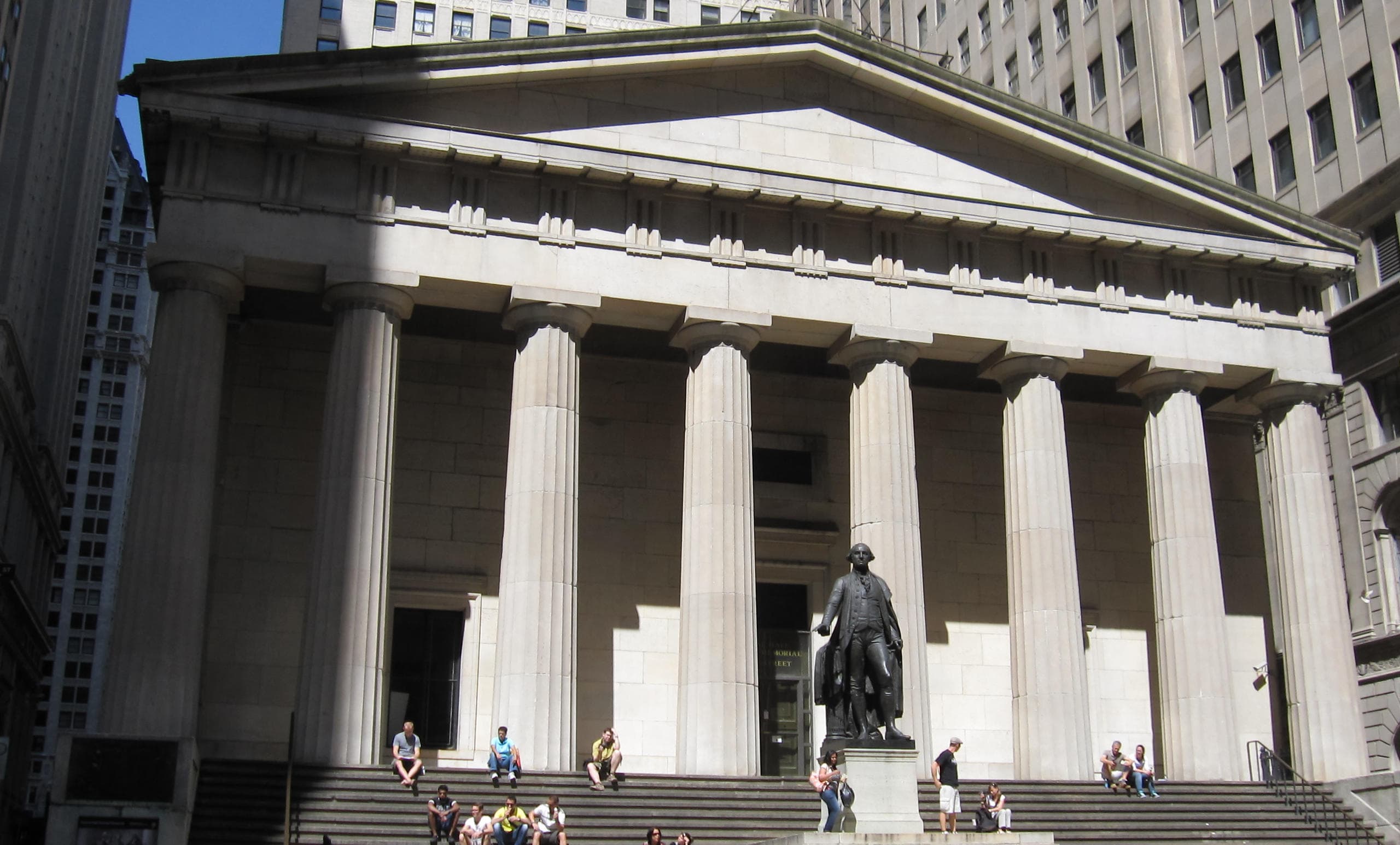 Federal Hall National Memorial facade on Wall Street, NYC