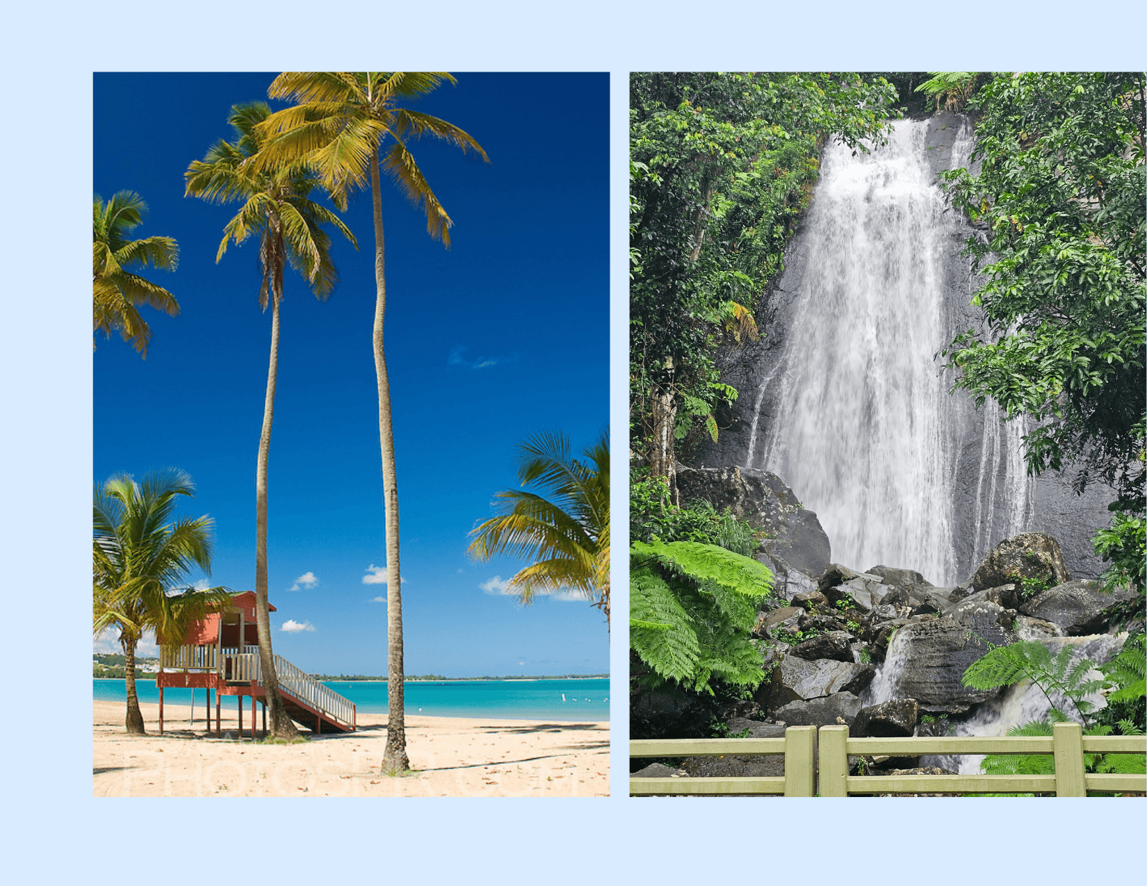 Tropical palm beach with turquoise water beside lush waterfall