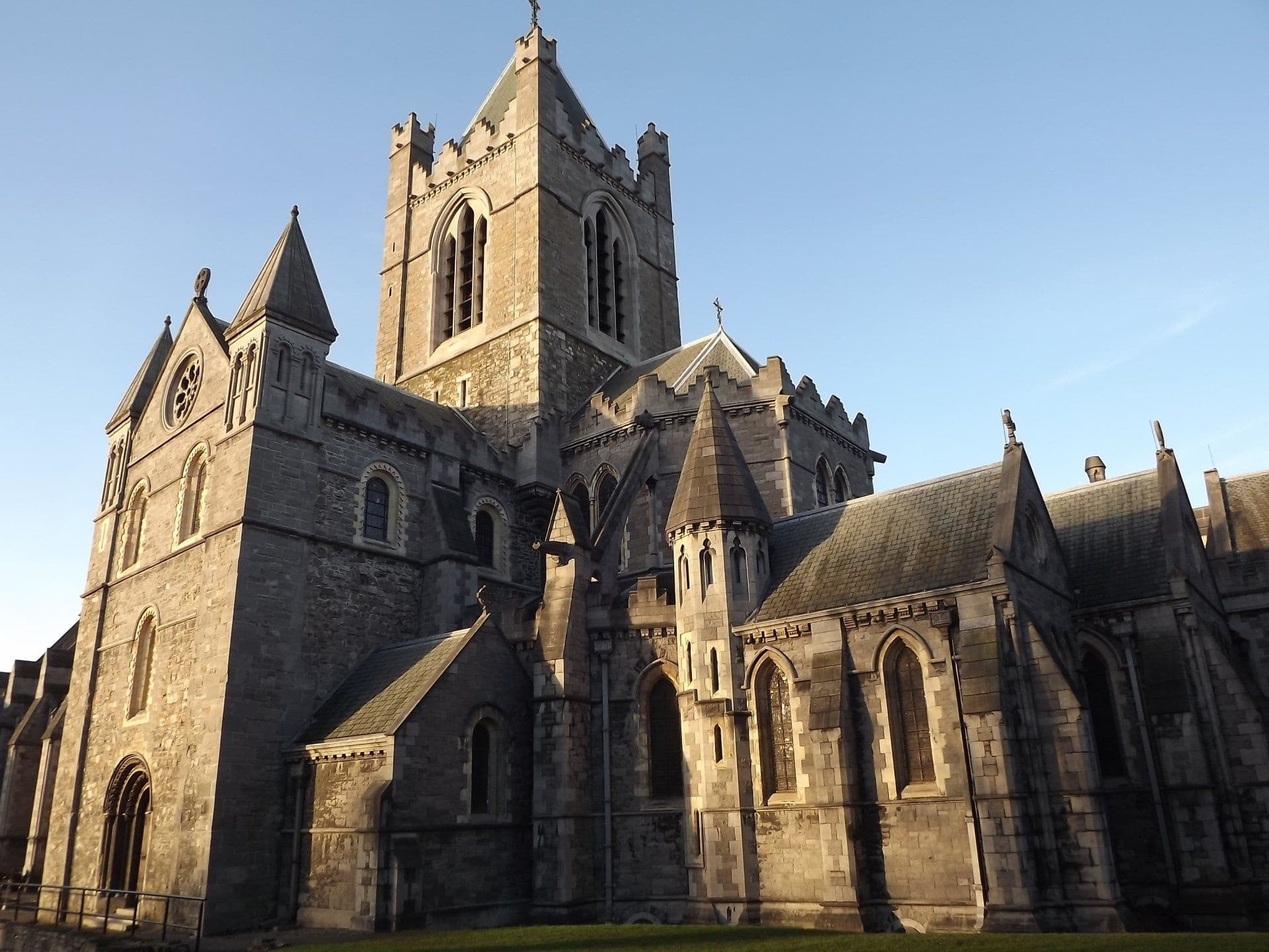 Historic cathedral exterior in Dublin cityscape at golden hour