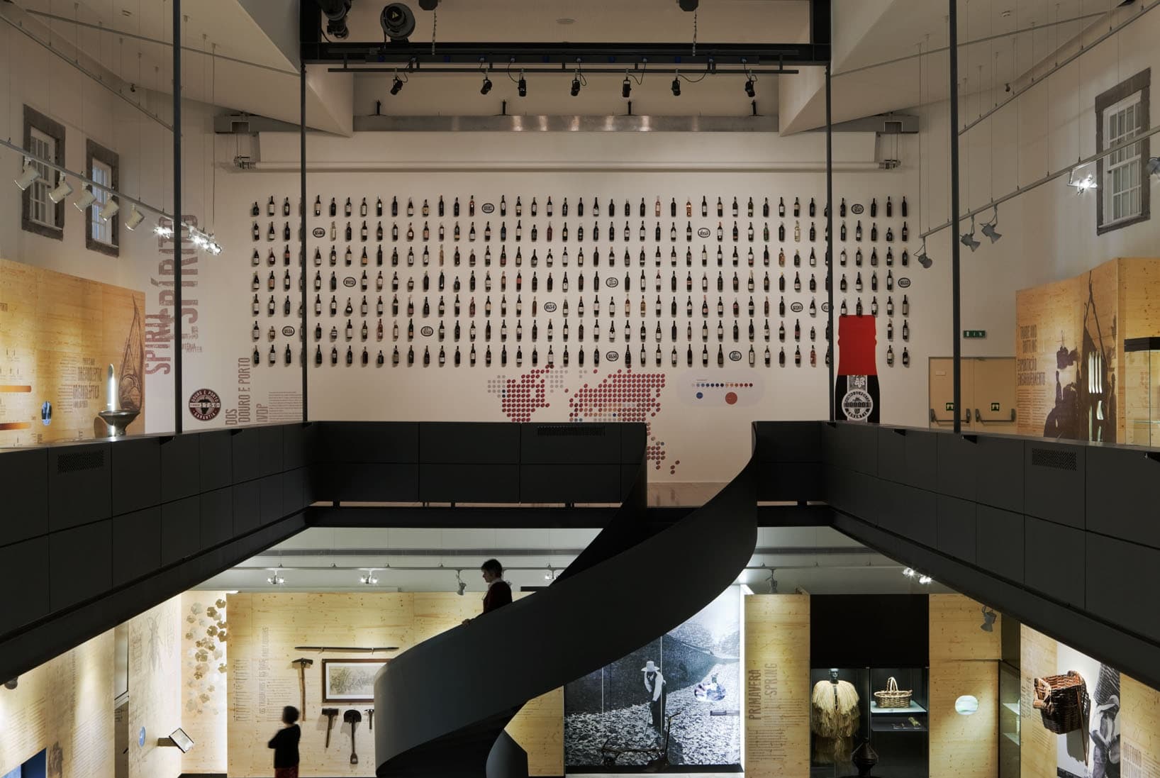 Museum atrium with spiral staircase and exhibits at Museu do Douro