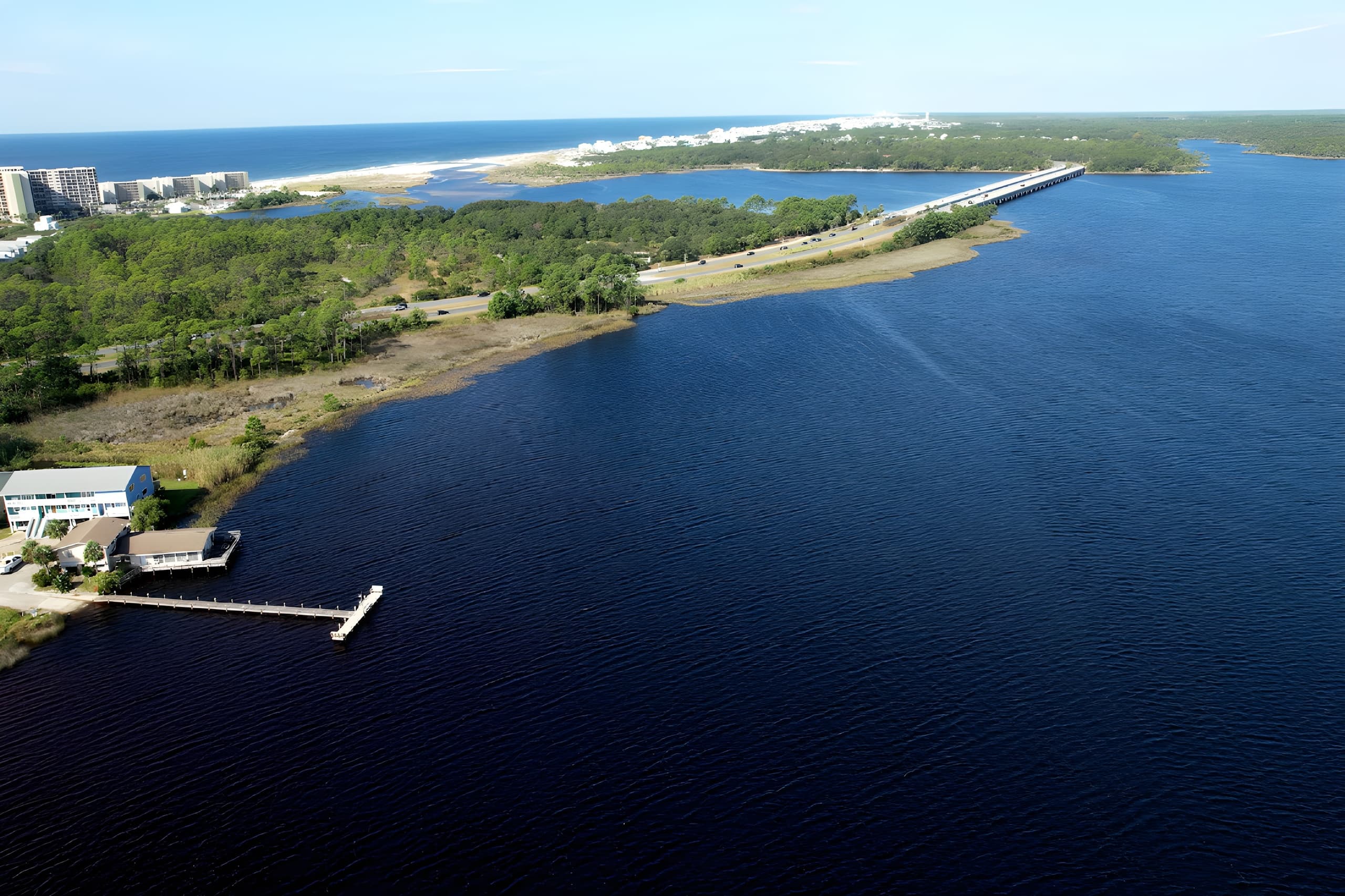 Bird's-eye coastal landscape with pier and shoreline for nature tours