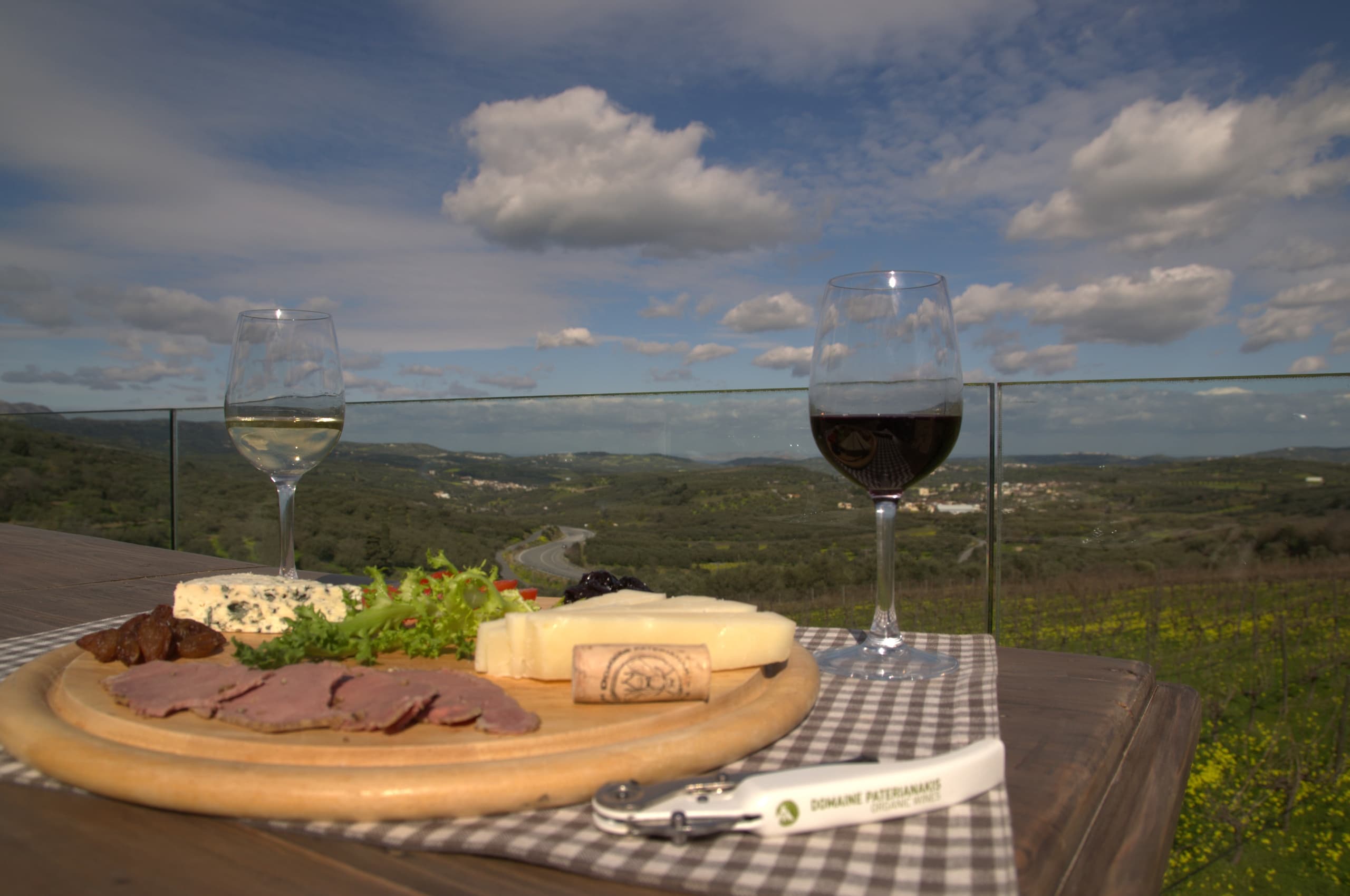 Cheese and charcuterie with wine glasses overlooking vineyard
