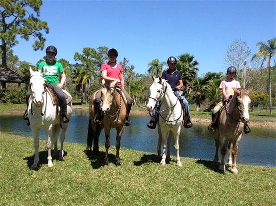 Four horseback riders lined up by pond under clear blue sky