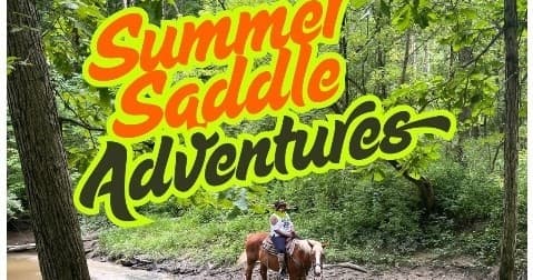 Summer Saddle Adventures poster with rider in forest creek setting