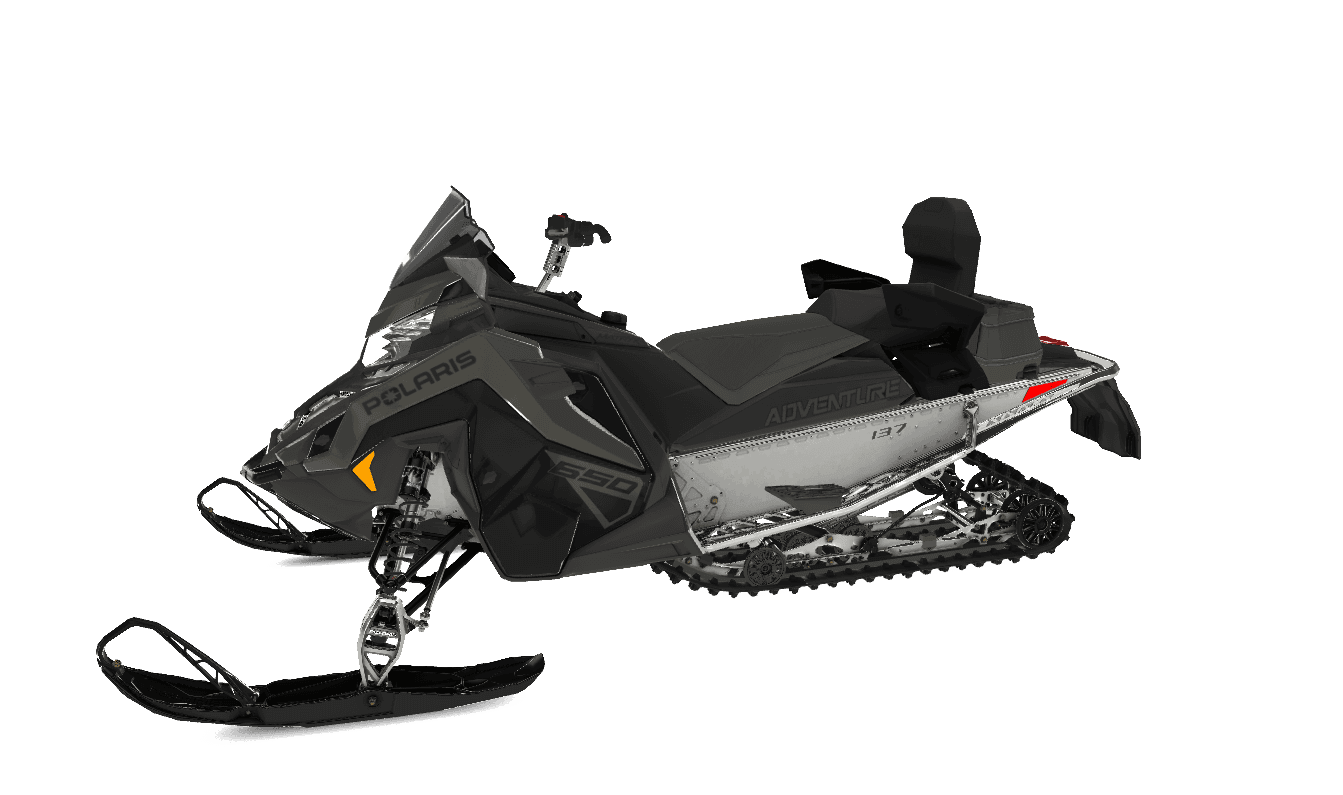 Black snowmobile product shot on white background, model overview