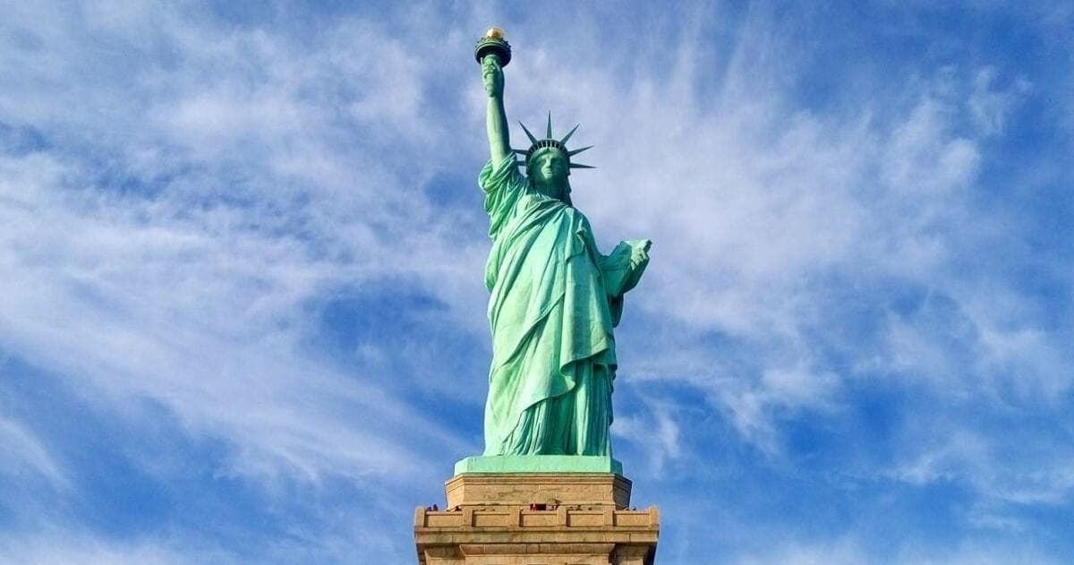 Statue of Liberty full monument skyline view in New York