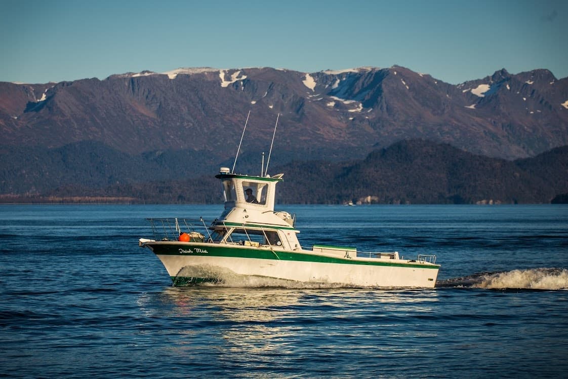 Fishing charter boat cruising coastal waters with mountain backdrop
