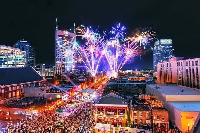 Fireworks over downtown Nashville skyline during night festival