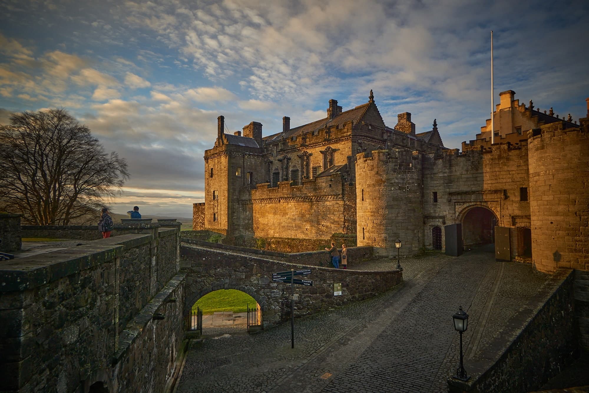 Historic Stirling Castle courtyard at sunset for walking tours