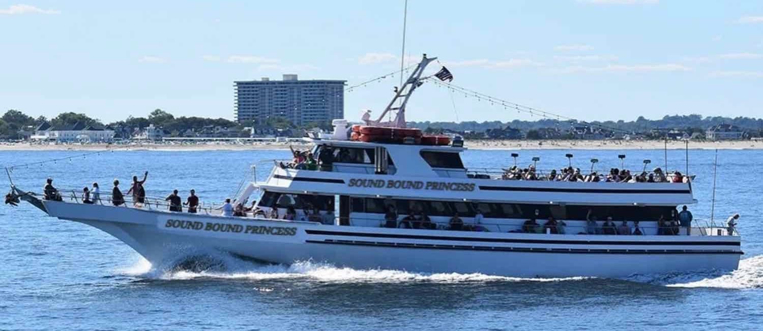 Crowded sightseeing ferry cruising coastal waters with skyline