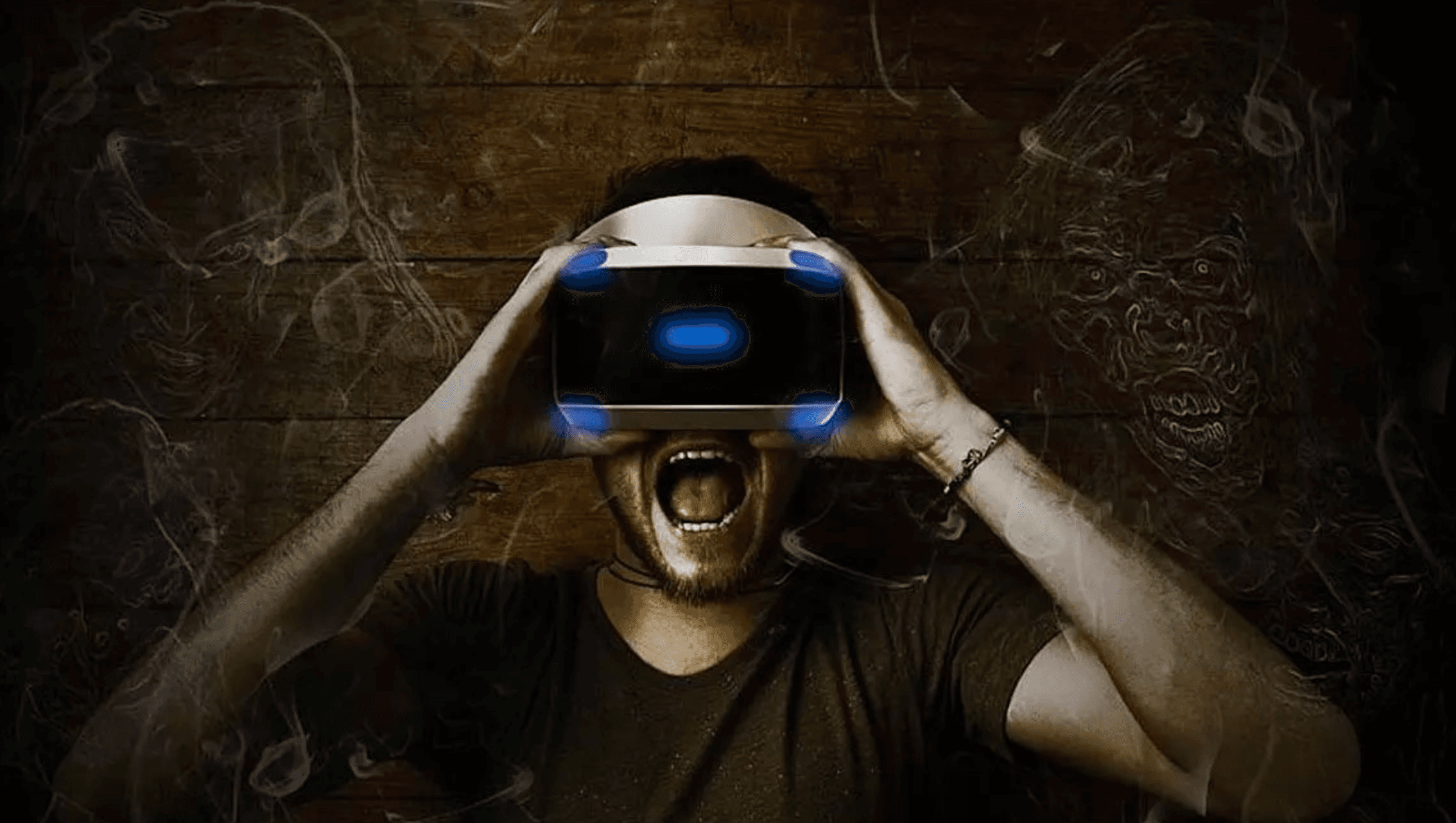 Man wearing VR headset in dark immersive virtual reality studio