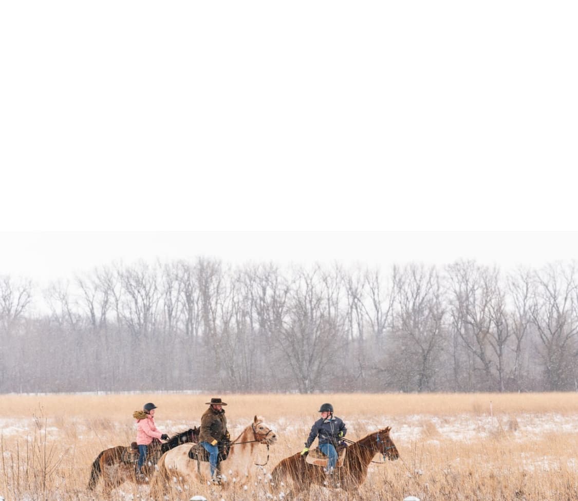 Horseback riders traversing frosty grassland under bare trees