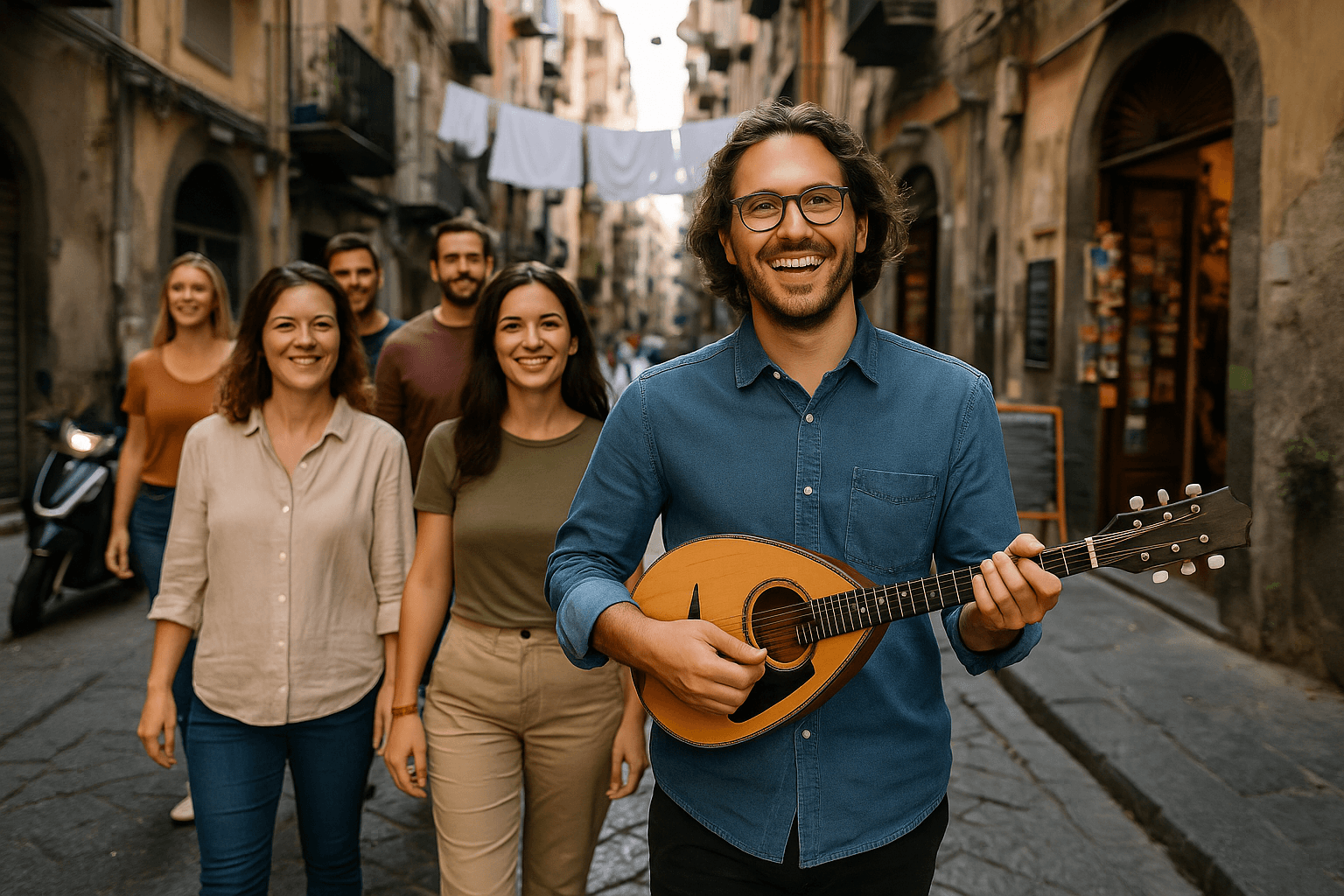 Street musicians leading walking tour through Naples centro