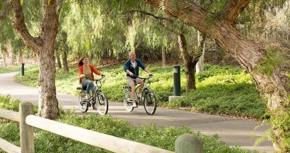 Couple riding e-bikes on shaded paved park trail under trees