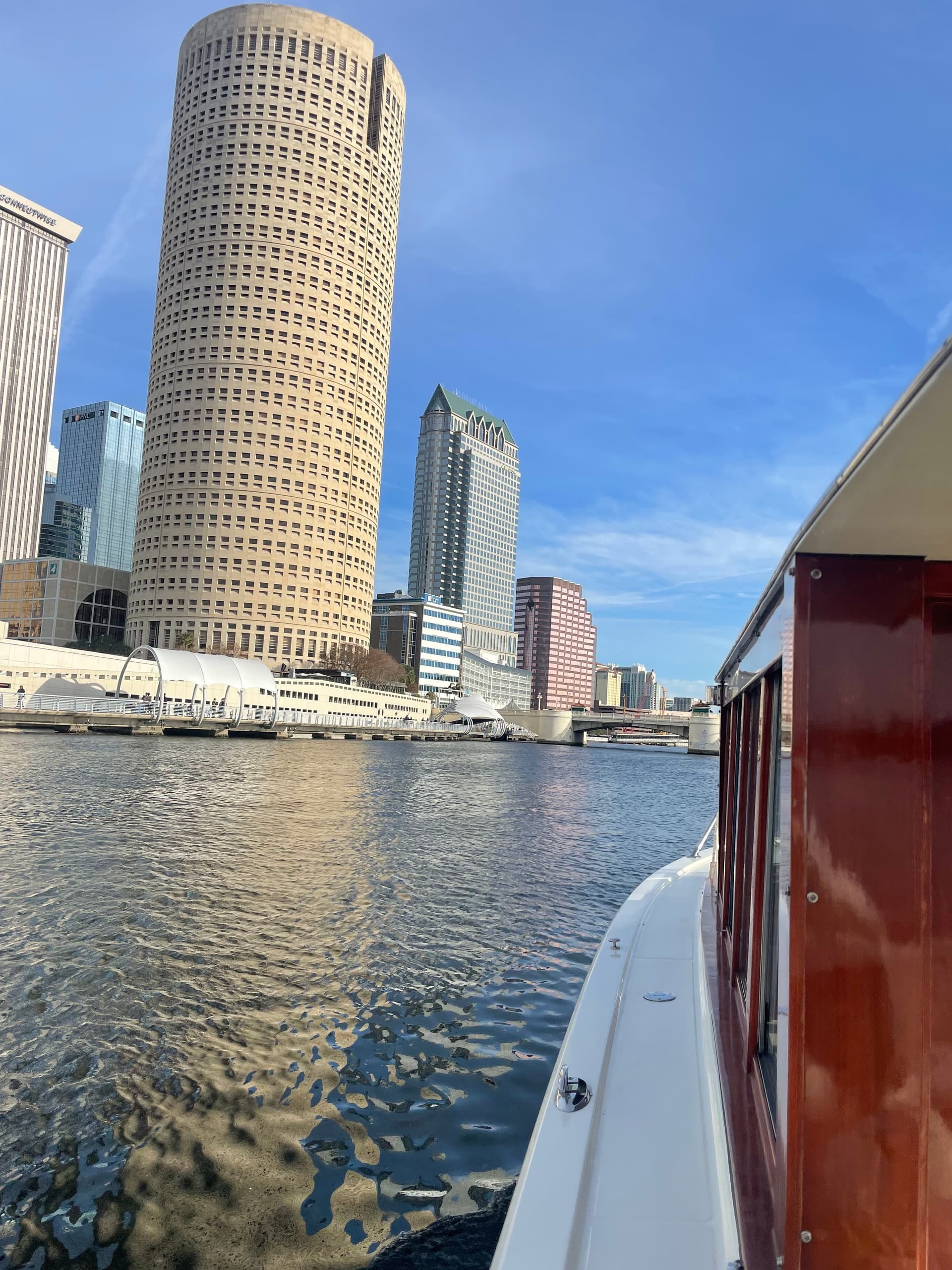Water limo cruising Tampa waterfront with downtown skyline