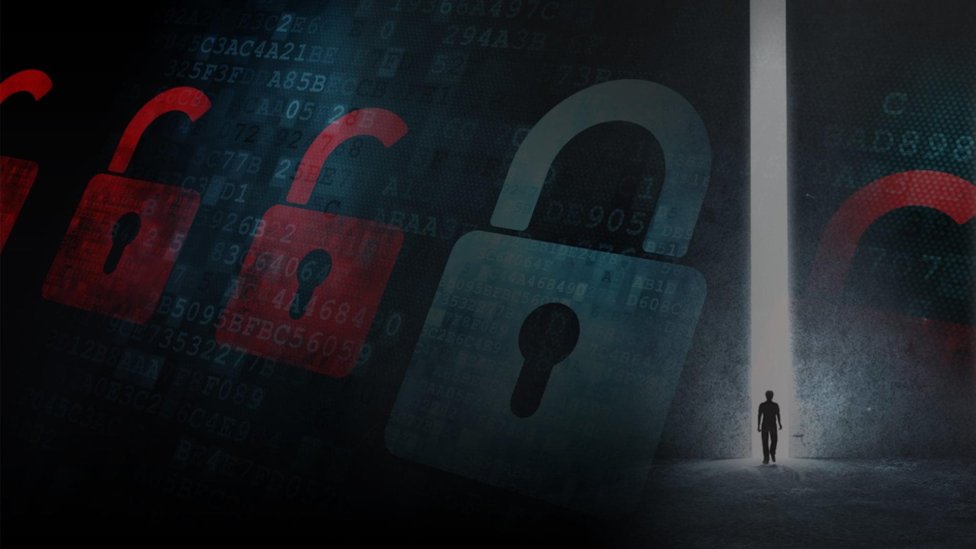 Digital padlocks and silhouette, cybersecurity breach concept