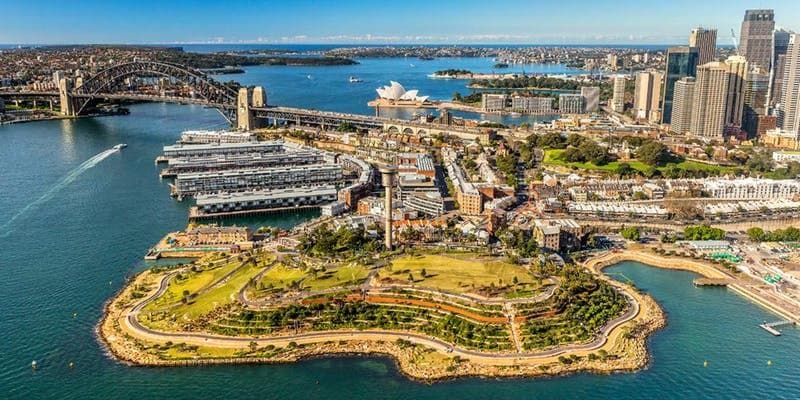 Aerial view of Barangaroo headland and Sydney Harbour skyline
