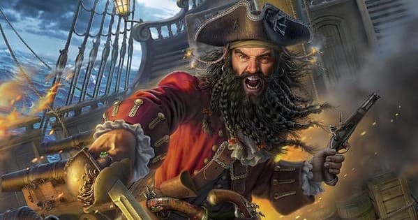 Dramatic pirate ship battle at sea during stormy voyage