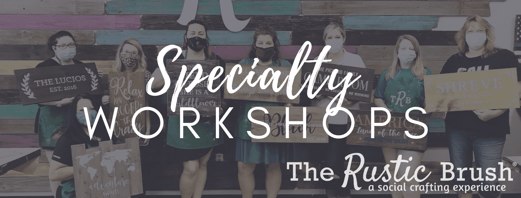 Indoor craft workshop banner for The Rustic Brush studio