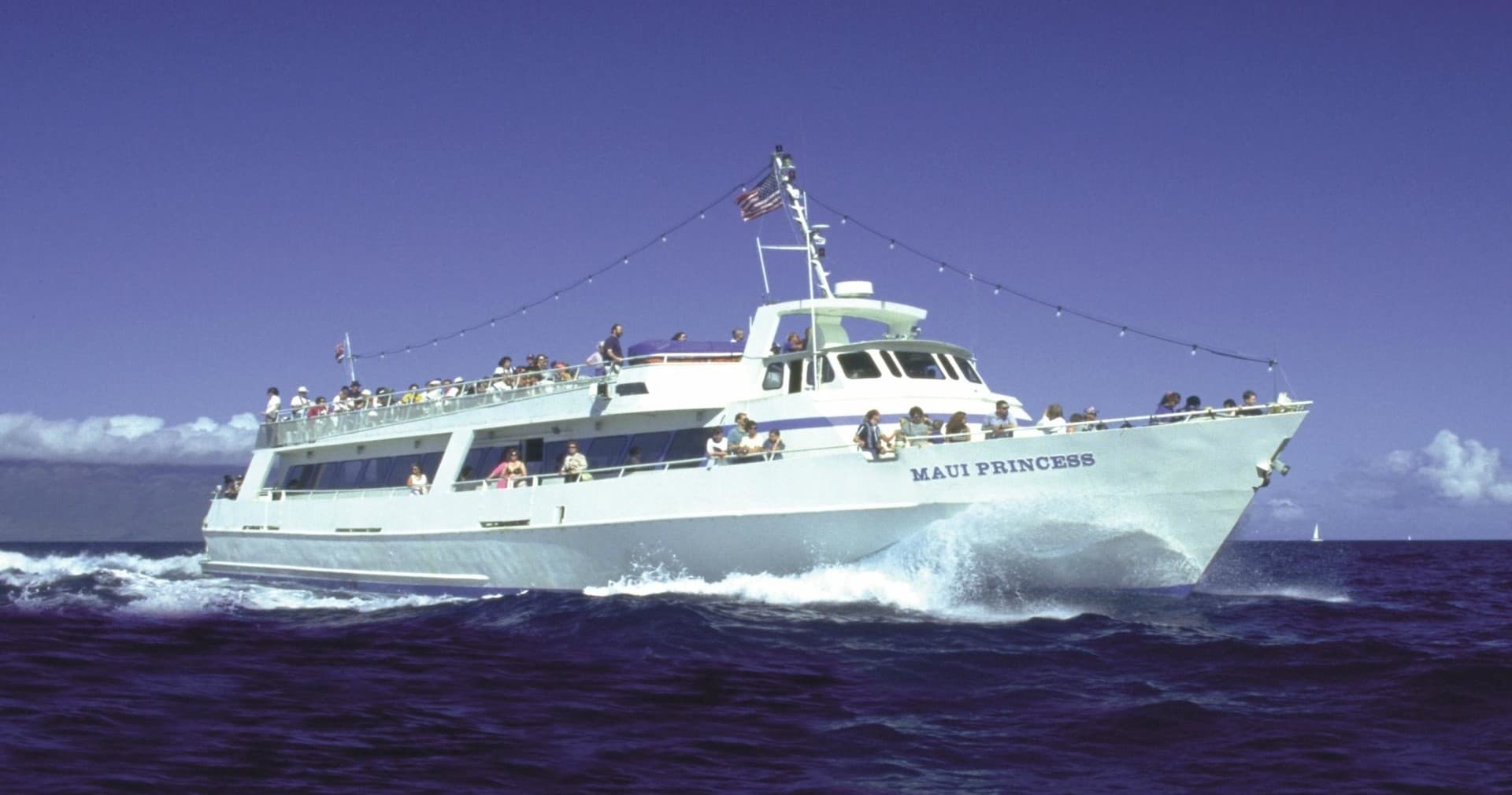 Passenger tour boat cruising Pacific waters off Hawaii coast