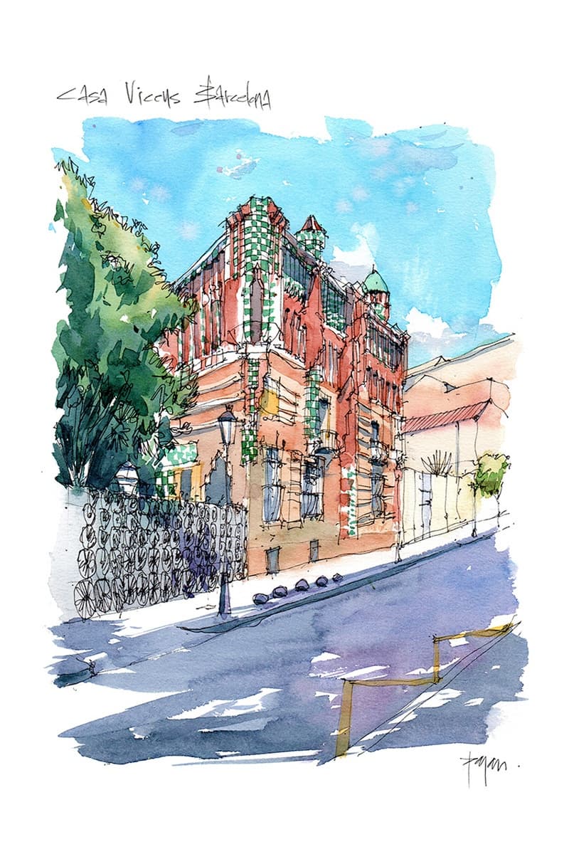 Watercolor illustration of Casa Vicens building on street