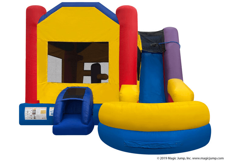 Bounce house with slide and splash pool for backyard parties