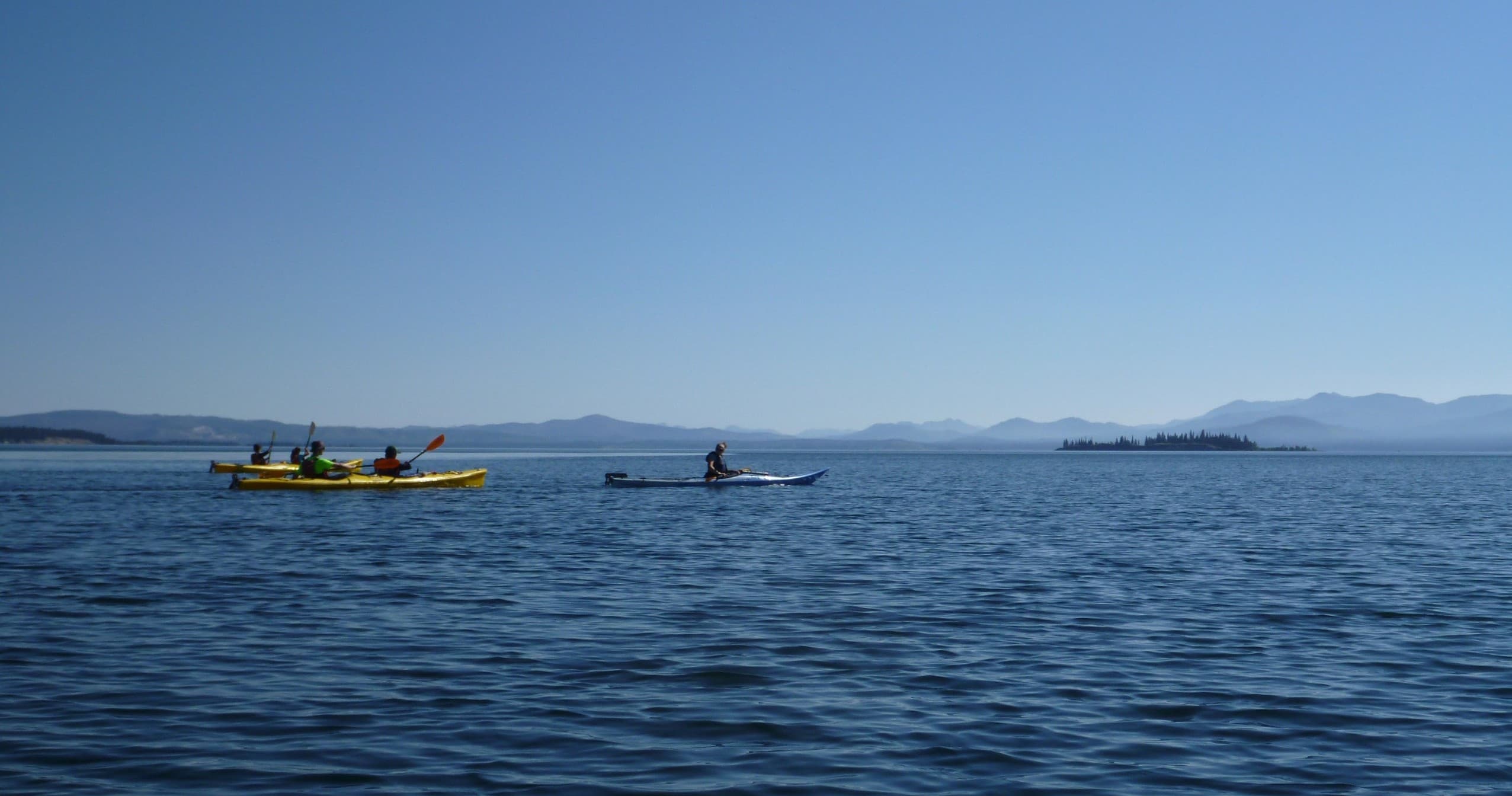 Sea kayakers paddling on open water with distant mountain horizon