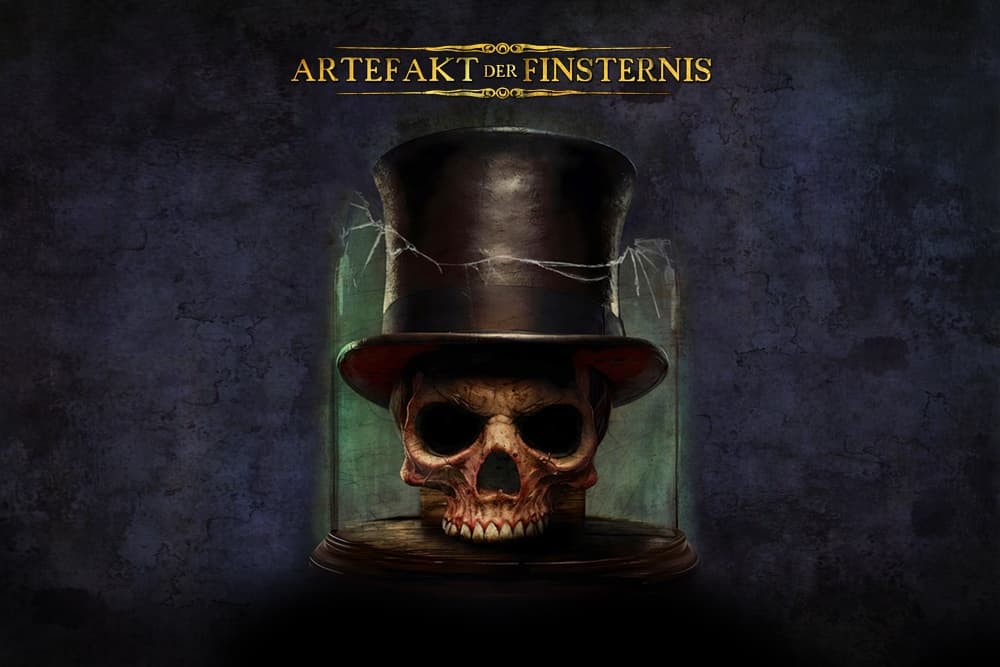Skull in glass dome with top hat, escape room horror theme