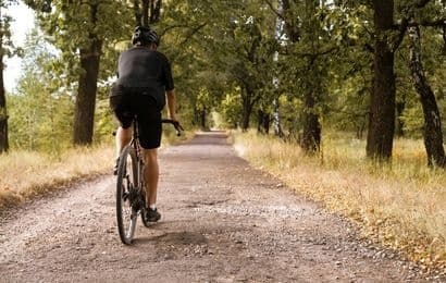 Cyclist riding tree-lined gravel path through summer forest